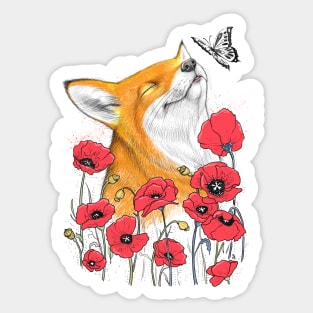 Fox in poppies Sticker